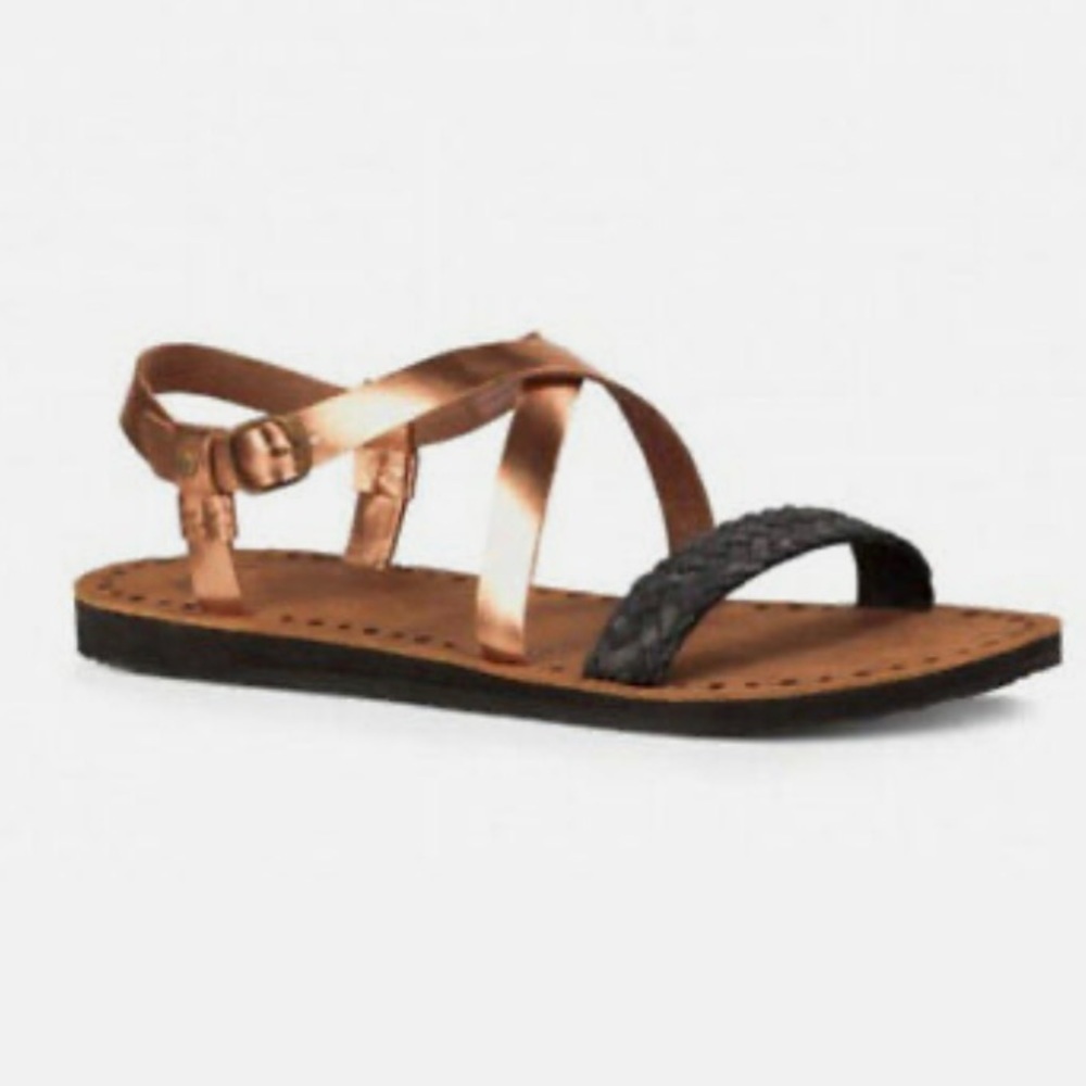 UGG NWOT Jordyne Sandals Flats Size 5 Metallic Copper Leather Braided Black